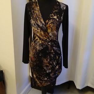 Long sleeve patterned wrap cocktail dress